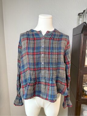 Natural Life Plaid Crinkle Cotton Peplum Boho Top Blue  Red Plaid Size M